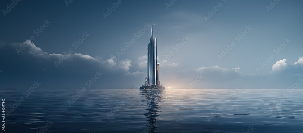 Tall building rising in the middle of the ocean