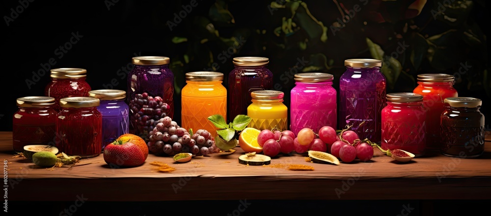 Table filled with jars of fruit Table filled with jars of fruit