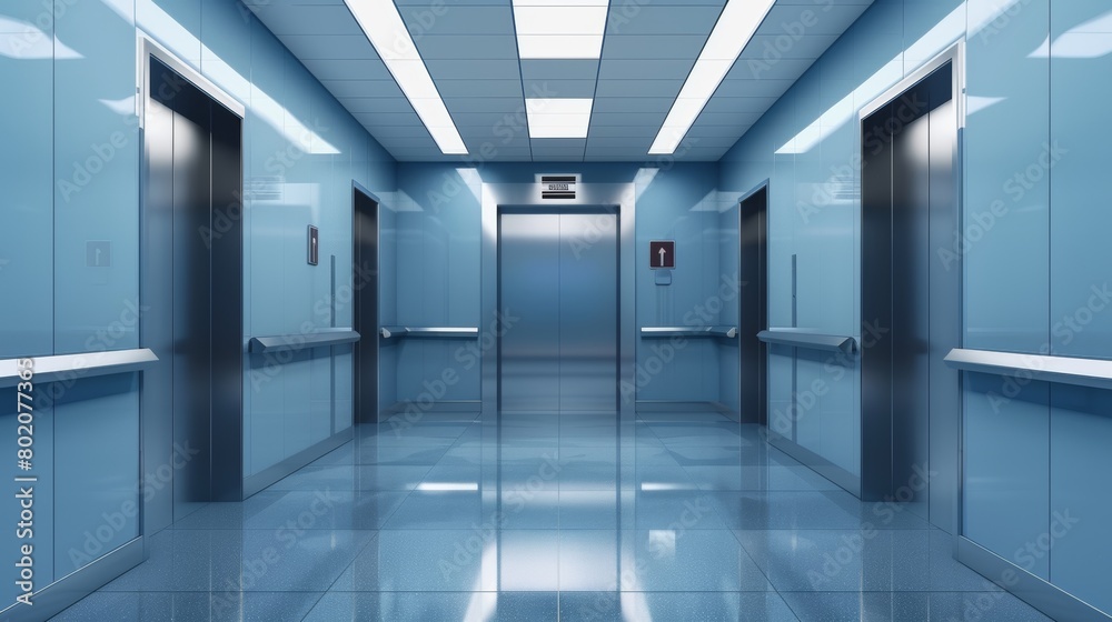 This clipart illustration depicts a hospital corridor interior with metal elevator doors and windows. This modern realistic illustration features blue walls, closed doors, and steel lift gates in an