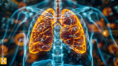 Futuristic Holographic X Ray of Glowing Lungs and Thymus Gland Visualization