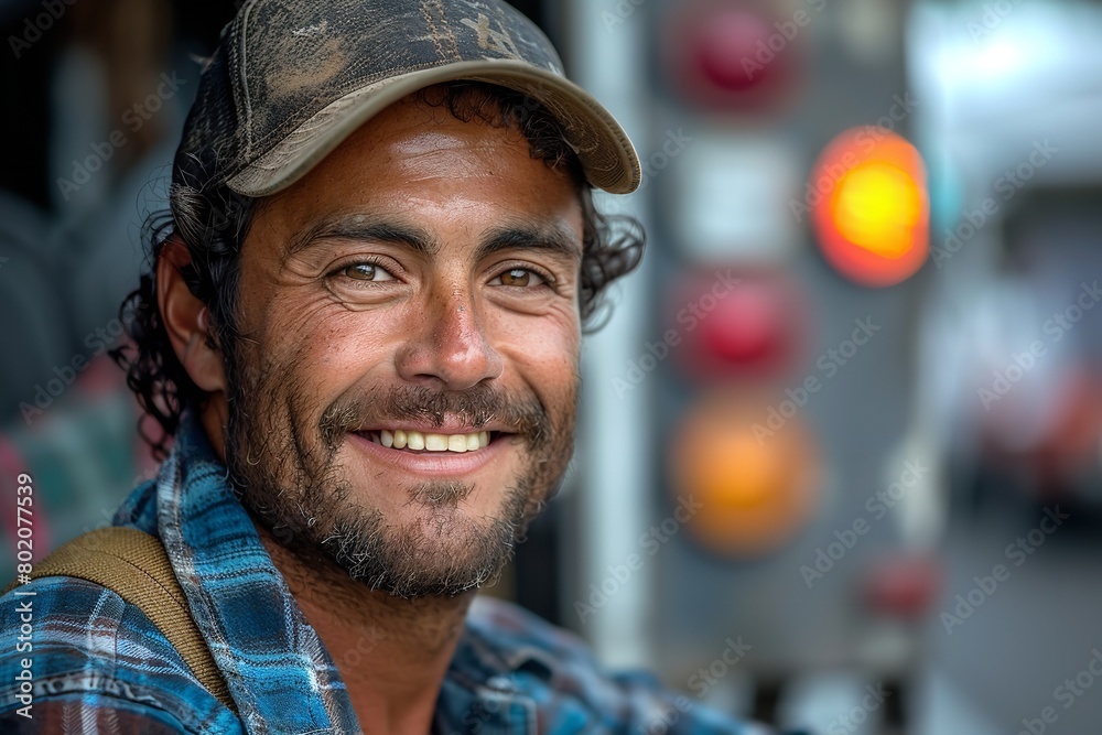smiling man in a truck with a hat and a blue shirt smiling man in a truck with a hat and a blue shirt