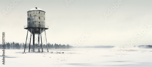 Water tower standing in snowy field