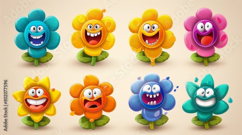 Modern illustration of cute daisy bloom emoji, happy, smiling, serious, sad, surprised, crazy, winking faces.