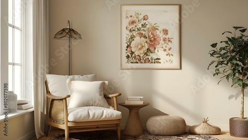 Vintageinspired floral print mockup in muted tones for cozy reading corner . Concept Vintage Floral Print, Muted Tones, Cozy Reading Corner, Mockup Design, Home Decor