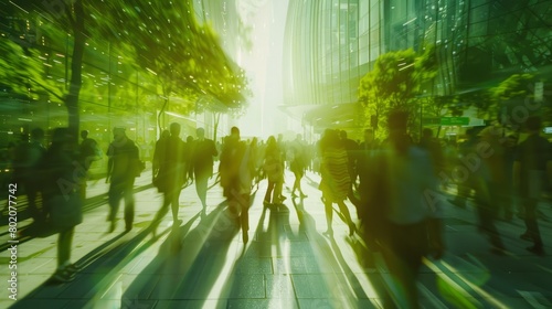 Sustainability in business center concept  business people crowd walking at corporate office in green city downtown  Abstract motion blur image  blurred background  Generative AI