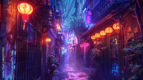 Neon-lit cyberpunk alleyways adorned with holographic graffiti, merging the nostalgic charm of retro-futurism with the allure of urban mystique. photo