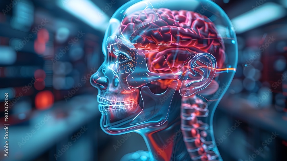 Detailed Human Brain Scan Visualization in Futuristic Holographic HUD Display