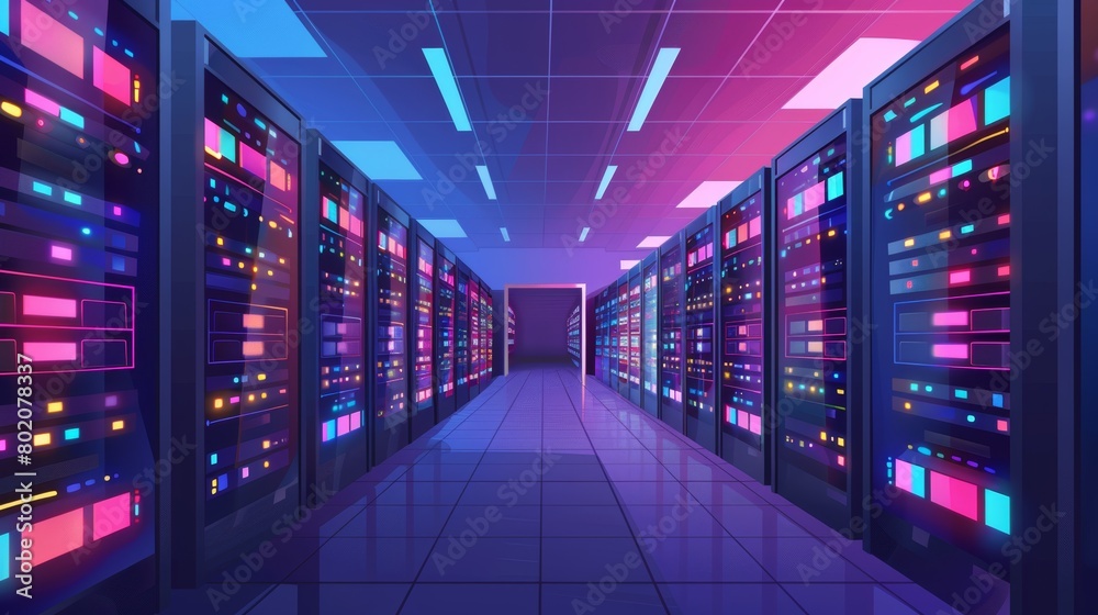 An illustration of data servers with databases and network communication. A concept of digital technologies, blockchain and web communication systems. An illustration of data servers with databases and network communication. A concept of digital technologies, blockchain and web communication systems.