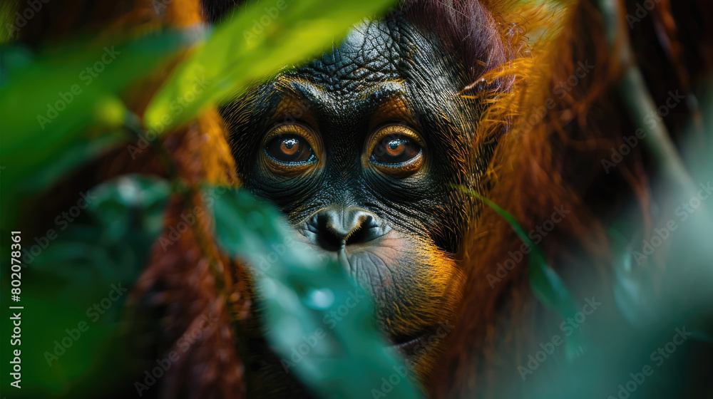 Symmetrical close-up photo of an orangutan in a natural forest Symmetrical close-up photo of an orangutan in a natural forest