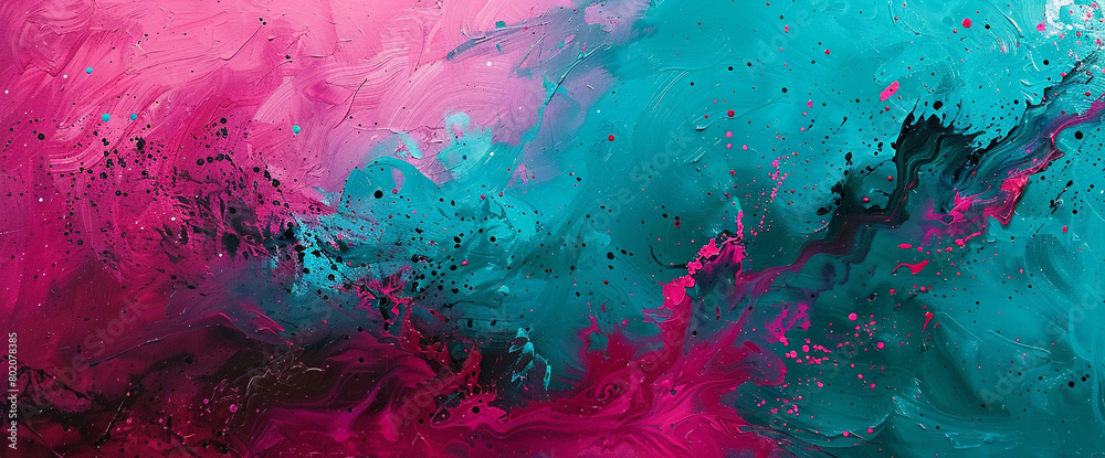 Splashes of magenta and turquoise swirling and converging on a blank canvas, creating a captivating abstract composition that draws the viewer into its vibrant world.