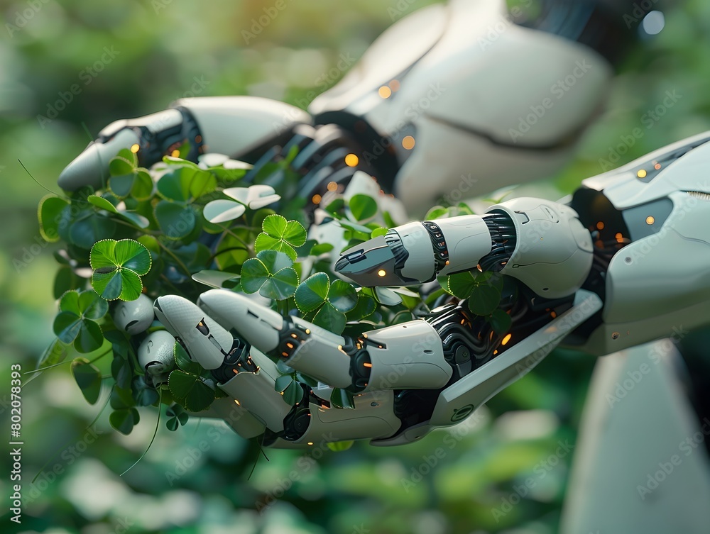 Robotic Hands Holding Shamrocks in a Nature Scene Robotic Hands Holding Shamrocks in a Nature Scene