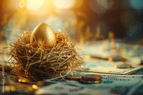 A golden egg nestled among coins and banknotes, the concepts of savings and wealth management against a financial chart backdrop. photo