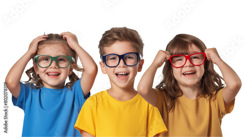 children with glasses smiling and laughing isolated on transparent background