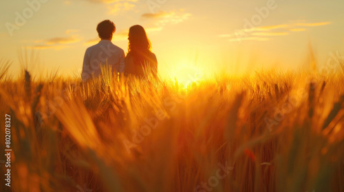 Rear view of a couple in silhouette standing in a field of tall grass with the sun setting in the background. Scene is peaceful and romantic. Ai generated.