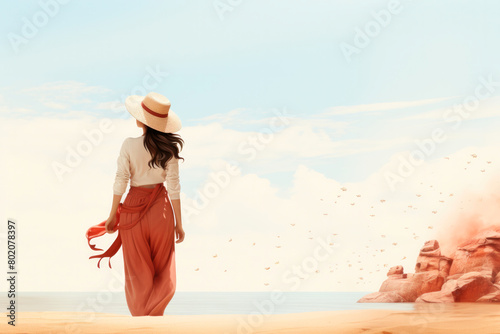 Illustration of a woman wearing a straw hat and pants and red scarf walks on the beach on a sunny day during her summer vacation. Ai generated © lensofcolors