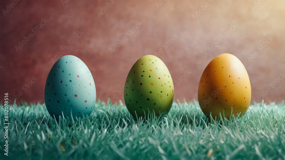 Bright Easter eggs and spring flowers on green grass outdoors
