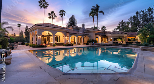 a beautiful house with an outdoor pool and palm trees in the background  California home for sale real estate photography  dusk  sunset.