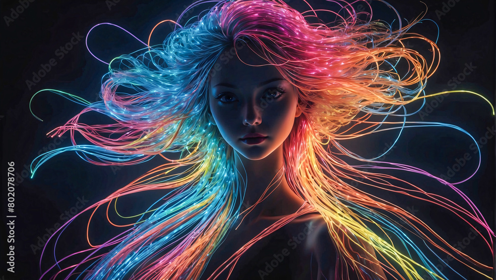 Highly detailed long exposure style silhouette of beautiful woman with vibrant ultra bright neon strings