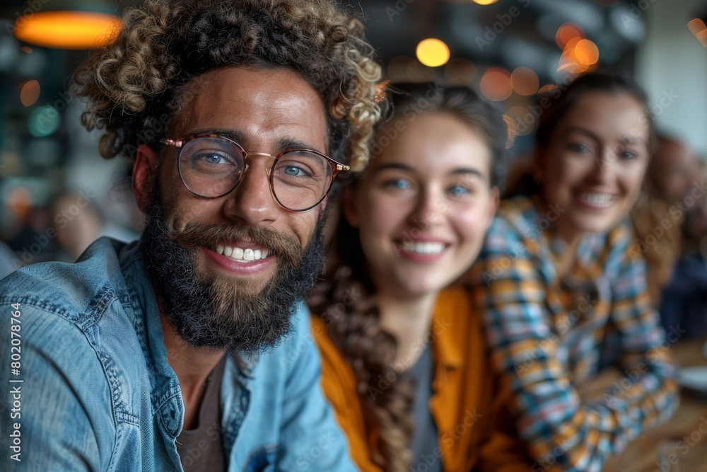 Group of happy young adults with a man in glasses posing for a photo in a busy cafe, showcasing friendship and joy Group of happy young adults with a man in glasses posing for a photo in a busy cafe, showcasing friendship and joy