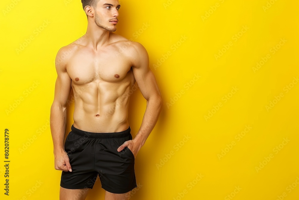 Fototapeta premium Muscular bodybuilder displaying defined abs on soft colored background with space for text