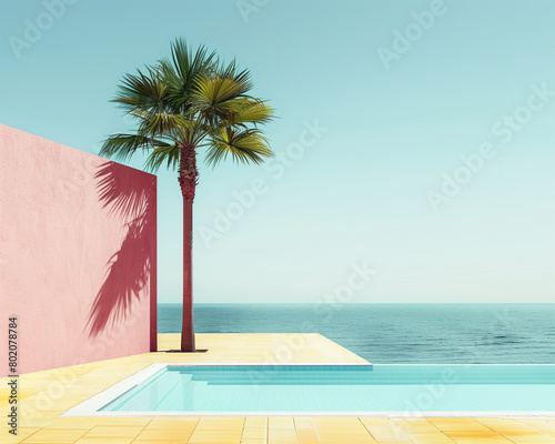 Minimalistic summer scene with swimming pool, palm tree, sky and sea. Bright colors, warm tones. photo