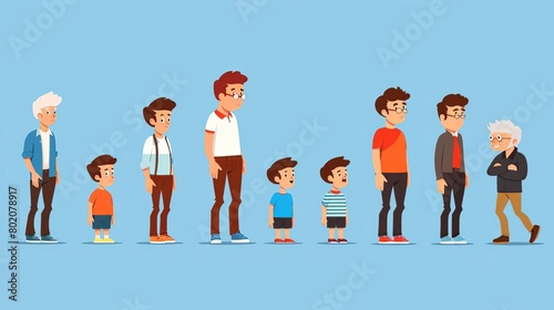 Man life cycle flat vector illustration Male person aging stages, guy growth phases set Boy growing up from little child to oldster cartoon character Infancy, childhood, adulthood and senility photo