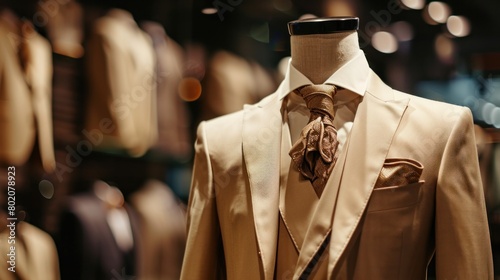 Cream colored suit on mannequin in luxury men's store background