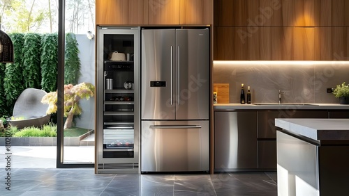 Stainless steel doubledoor fridge isolated in modern kitchen with fros. Concept Kitchen Appliances, Modern Design, Stainless Steel, Double-Door Fridge, Isolated Placement photo