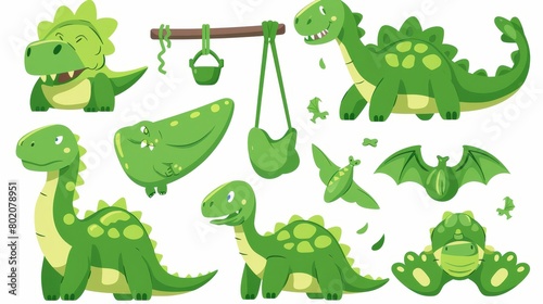 Animated cartoon set of a green dinosaur pinata and a bat isolated on white. Modern illustration of a colorful paper accessory for a traditional birthday party. Classic swinging animation for