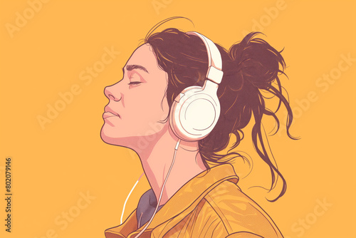 Listening to audio podcast. Young guy girl in headphones sits in front of monitor, electronic courses and training on Internet, education. Useful video and audio materials.