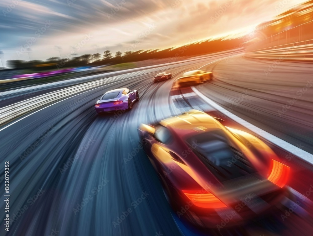 Sunset Race Track Action with Speeding Sports Cars
