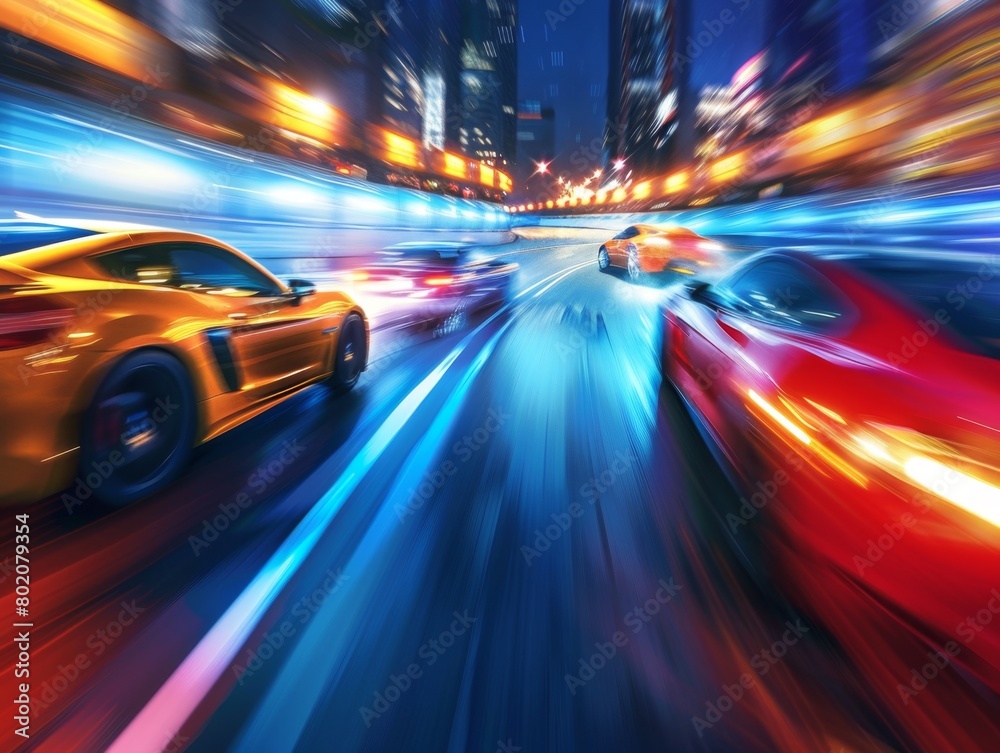 High-Speed Cars Racing on Urban Street at Night
