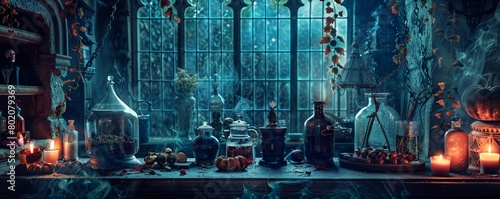 Mystical Witch's Apothecary with Potions and Candles 