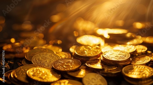 Golden Cryptocurrency Coins Gleaming with Sunlight 