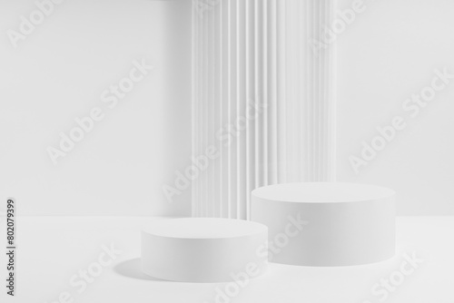 Two white round podiums with striped column as geometric decor, mockup on white background. Template for presentation cosmetic products, gifts, goods, advertising, design, showing, soft summer style.