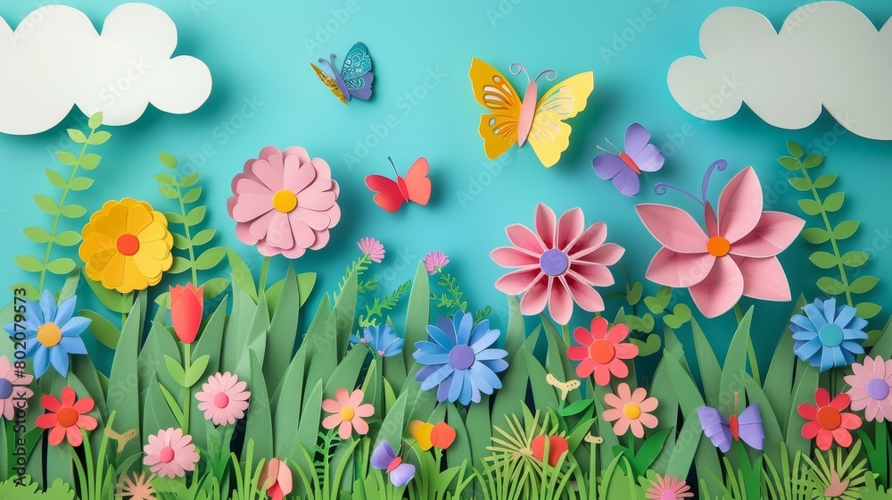 Obraz premium Colorful Paper Craft Flower Meadow with Butterflies 