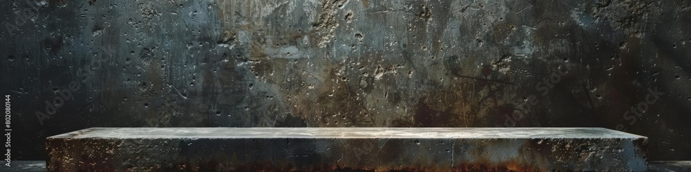 Fototapeta premium A worn podium with a backdrop of aged, textured urban concrete, banner