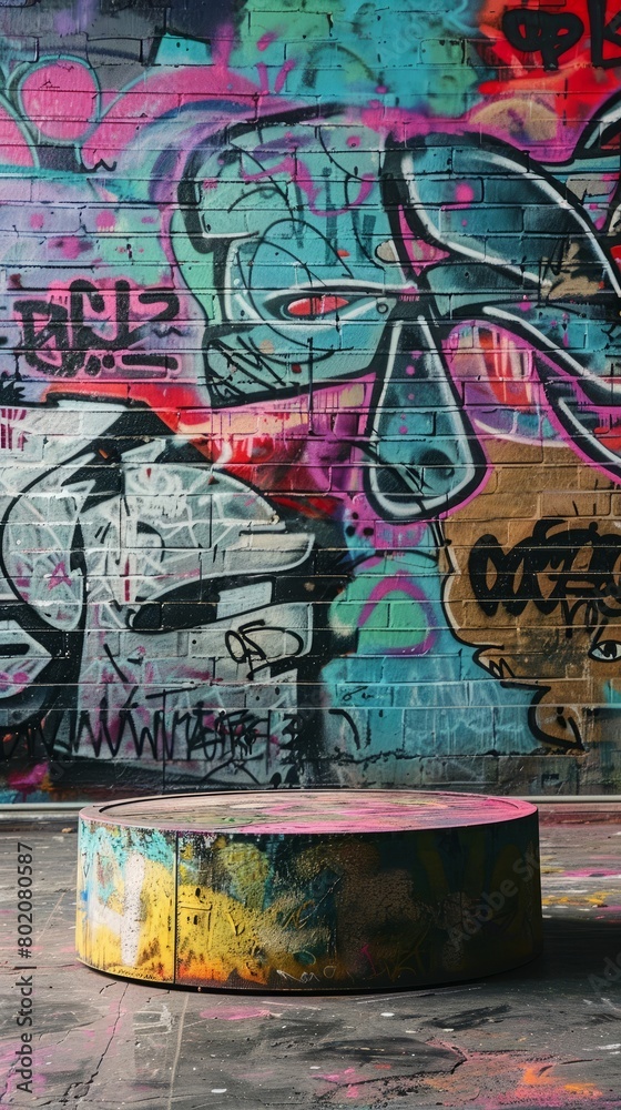 Obraz premium A graffiti-covered podium stands against a vibrant, artful backdrop in a city alley