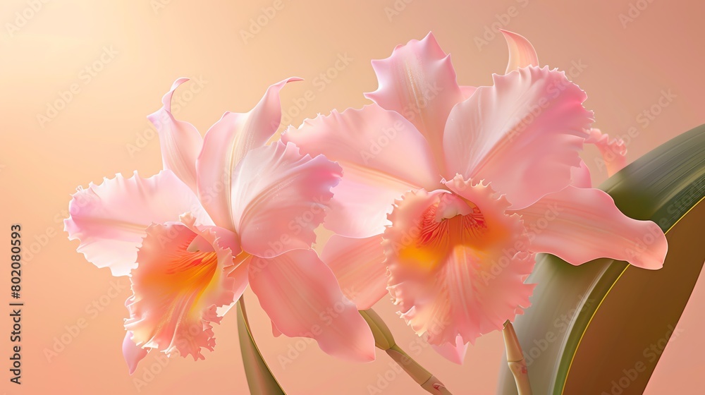 Cattleya with a soft peach background, classic magazine style, gentle glow, frontal perspective