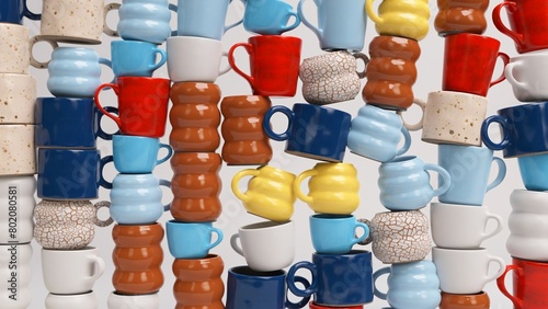 Stacked colorful coffee mugs 3D render