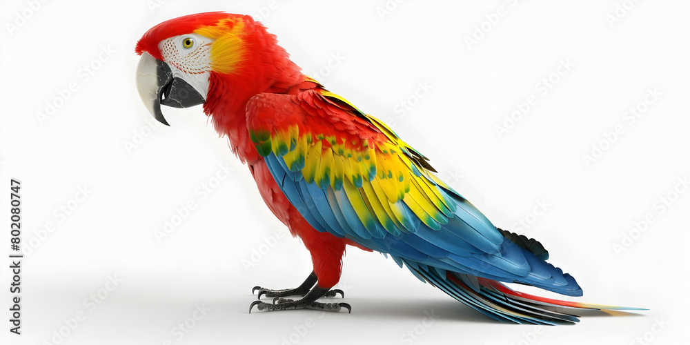 A red and green parrot standing on a white surface, A colorful parrot is laying down on the ground with white background, 