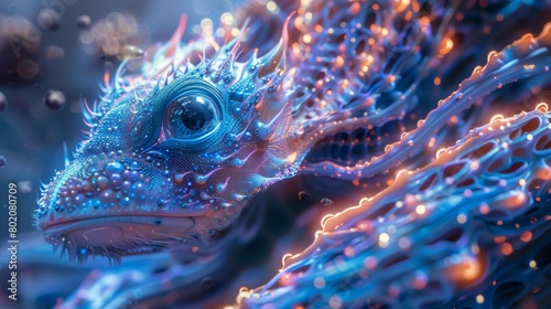 A fantastical creature with fur or scales covered in a swirling, bioluminescent pattern.