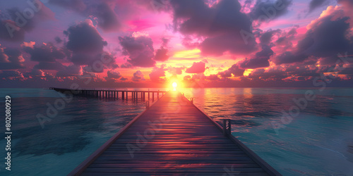 Dreamlike color A wooden bridge extends to the sea wallpaper background, Perspective view of a wooden pier on the sea photo