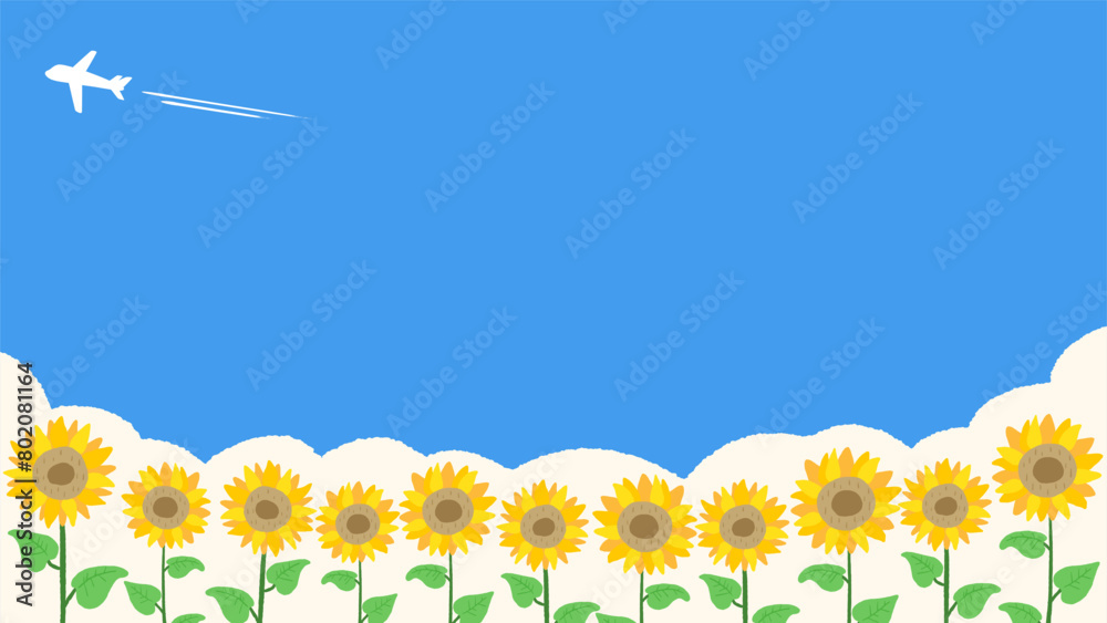 Summer, bright background frame with blue sky, sunflowers and airplane, cute hand drawn illustration / 夏、青空とひまわりと飛行機の明るい背景フレーム、かわいい手描きイラスト