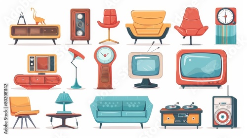 Set of retro furniture for the home interior. Vintage sofa, armchair, old TV, record player, floor lamp, vinyl records and clock isolated on white background, modern cartoon illustration.