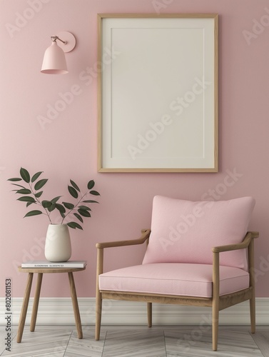 Frame mockup  simple and modern cozy chair home interior background  wall poster frame mockup  3D render