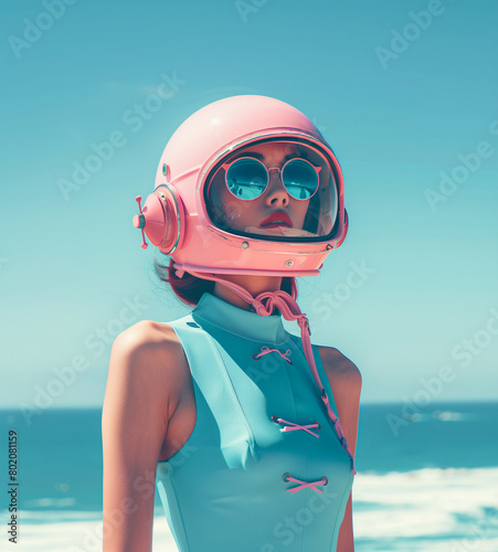 Young futuristic cyber urban fashion girl posing at summer sand beach. Abstract creative vacation concept.