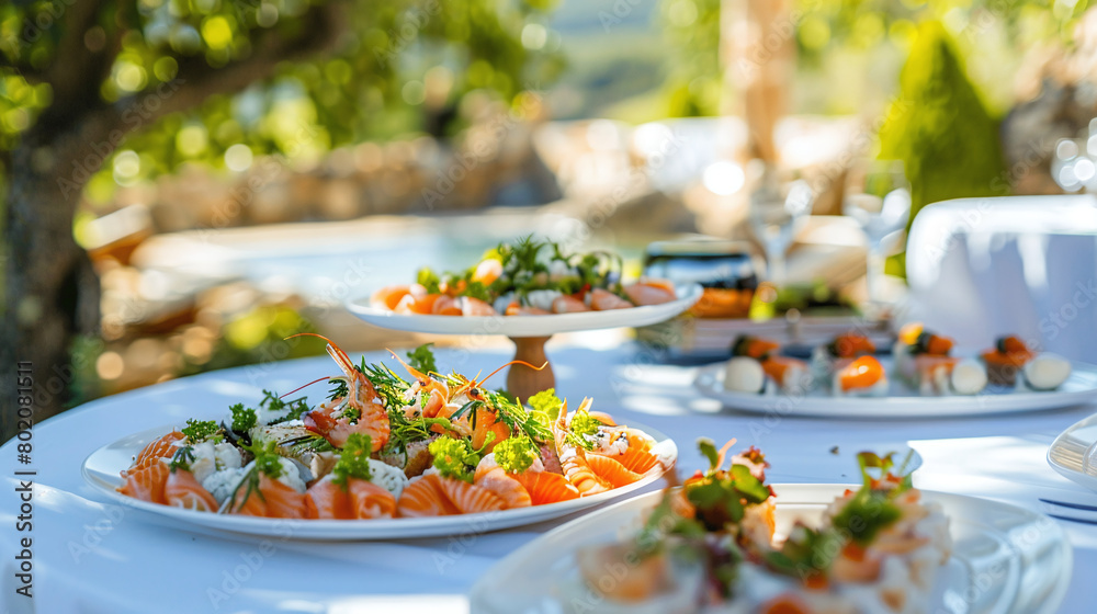 Restaurant snacks stand on a round table against the backdrop of a social event Restaurant snacks stand on a round table against the backdrop of a social event