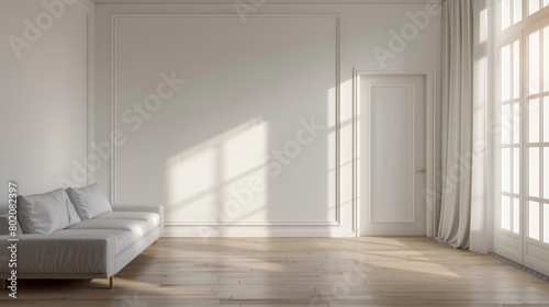 Empty modern house interior with white walls, wooden flooring, curtained window and door, and minimalist furniture. Realistic 3D modern house with white walls and wooden floor. photo