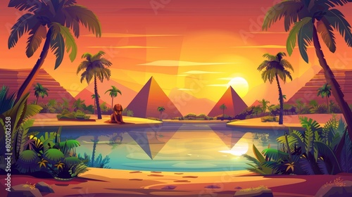There is a cartoon oasis in a sandy desert with pyramids  a Sphinx statue  and palm trees and bushes surrounding the lake. There is an orange sunset reflection in the water.